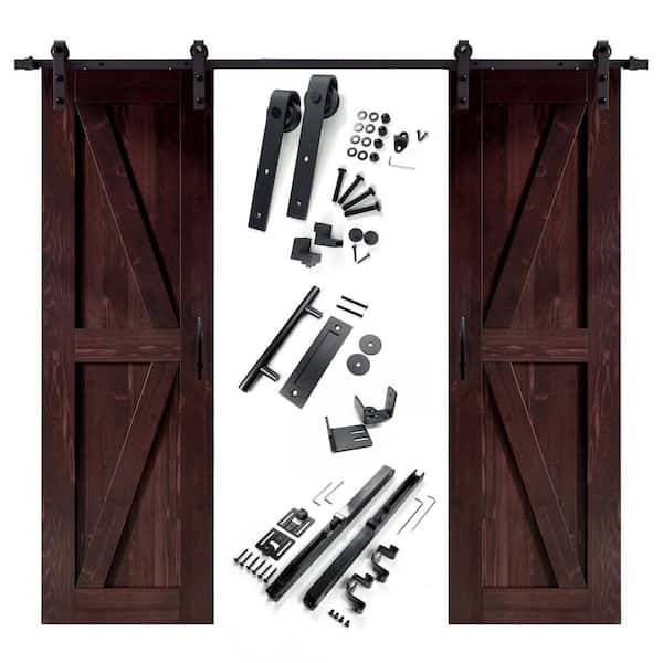 HOMACER 26 in. x 84 in. K-Frame Red Mahogany Double Pine Wood Interior Sliding Barn Door with Hardware Kit Non-Bypass