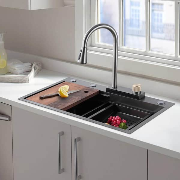 Drop-in Kitchen Sink Flying rain Waterfall Kitchen Sink Set 30x 18 304  Stainless Steel Sink Topmount with Pull Down Faucet, and Accessories 