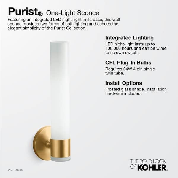 KOHLER Purist 1 Light Brushed Moderne Brass Indoor Bathroom Wall Sconce, UL Listed