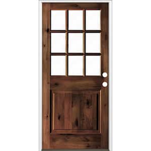 36 in. x 80 in. Rustic Knotty Alder Red Mahogany Stain Left-Hand Clear Low-E Glass 9-Lite Wood Single Prehung Front Door
