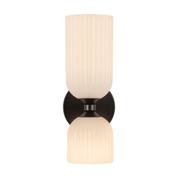 Nelly 12 in. 2-Light 40-Watt Matte Black/Glossy Ribbed Opal Glass Vanity Light