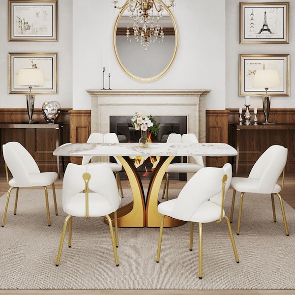 Magic Home White PU Leather Dining Chairs with Gold Stainless Steel Legs (Set of 6)