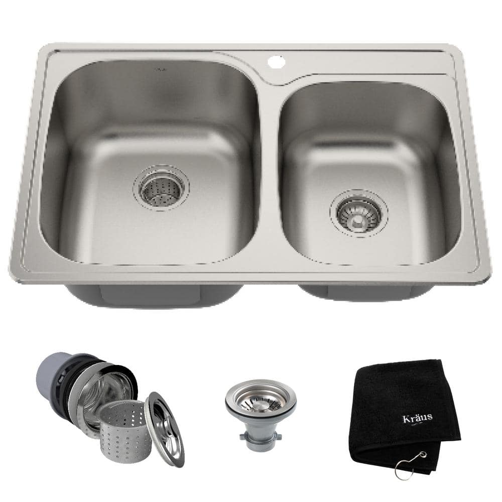 Kraus Drop In Stainless Steel 33 In 1 Hole 60 40 Double Bowl Kitchen