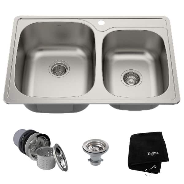 Kraus Drop In Stainless Steel 33 In 1 Hole 60 40 Double Bowl Kitchen Sink Kit Ktm32 The Home Depot