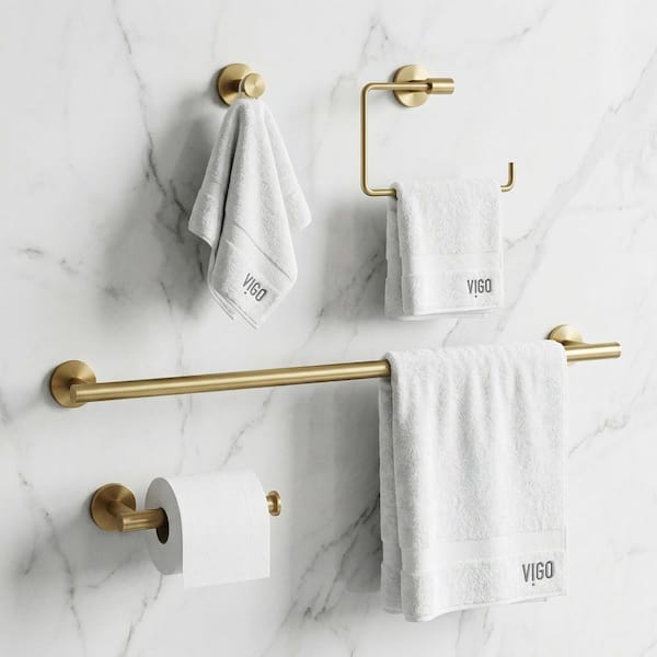 Elan 4-Piece Bath Hardware Set with 24 in. Towel Bar, Toilet Paper Holder, Hand Towel Holder, Hook in Matte Brushed Gold