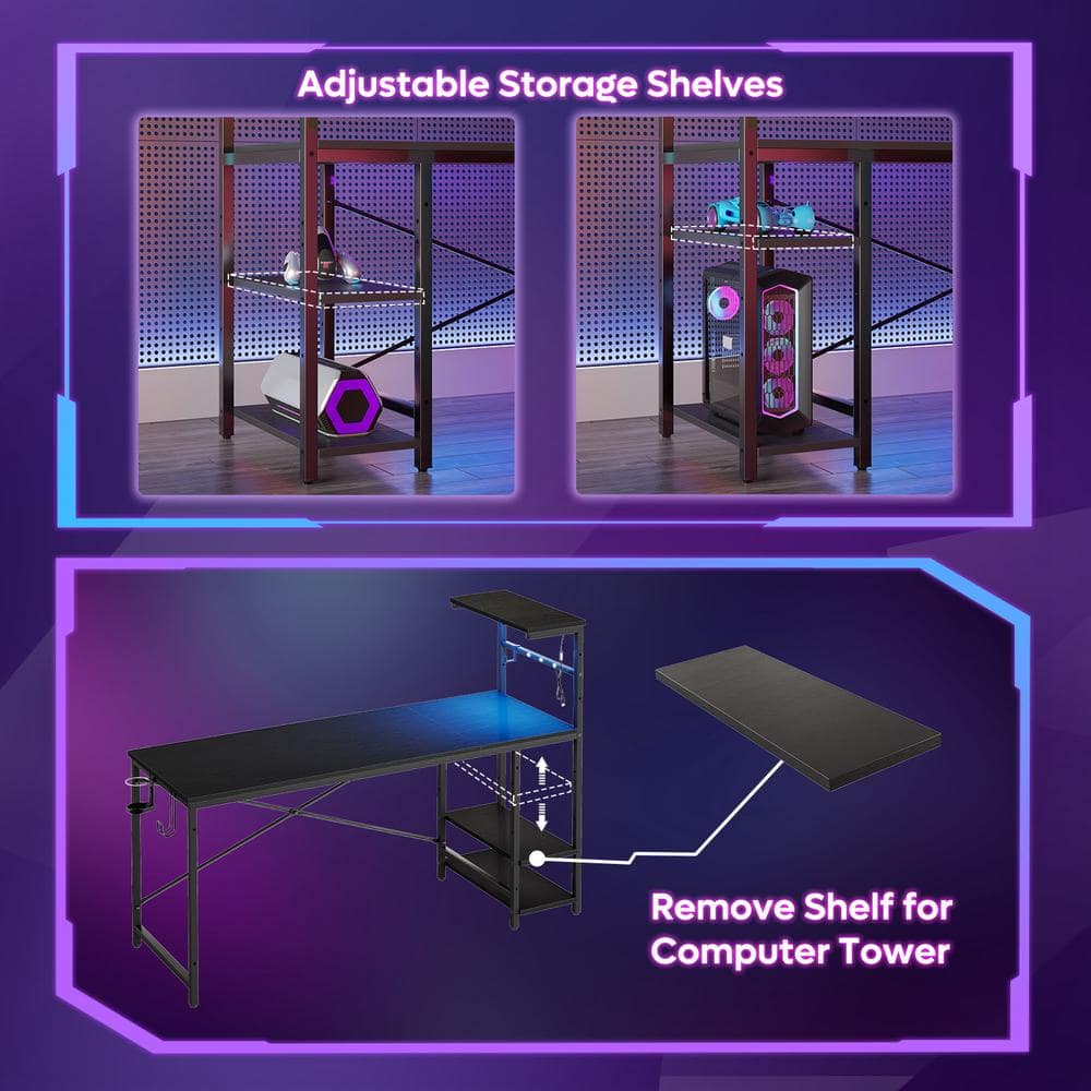 Bestier 61 Inch Black Grained Gaming Desk with Shelves
