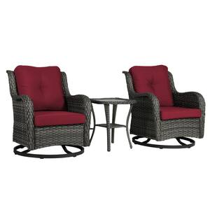 2-Piece Patio Swivel Wicker Outdoor Rocking Chairs with Red Cushion and Side Table Sets for Porch Deck (Set of 2)