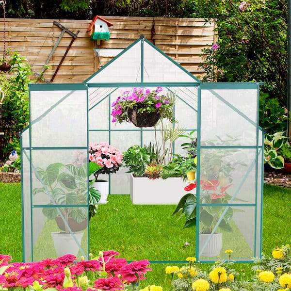 Unbranded 8 ft. x 8 ft. Double Door Aluminum Heavy Duty Walk-in Greenhouse for Outdoor Backyard in All Seasons, Green