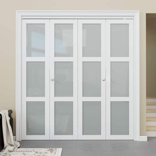 72 in. x 96 in. 3-Lite Frosted Glass Solid Core White Finished Glass Closet Bi-Fold Door with Hardware