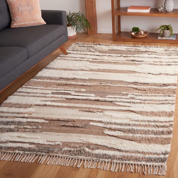Kenya 8 ft. x 10 ft. Ivory/Brown Striped High-Low Fringe Area Rug