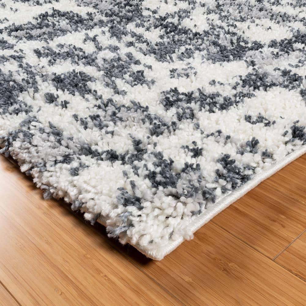Gray and White Rectangular Synthetic Shag Area Rug, 9' x 12'