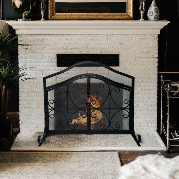 THE URBAN PORT Black Iron Scrollwork 1-panel Fireplace Screen with 2 Door and Mesh Design