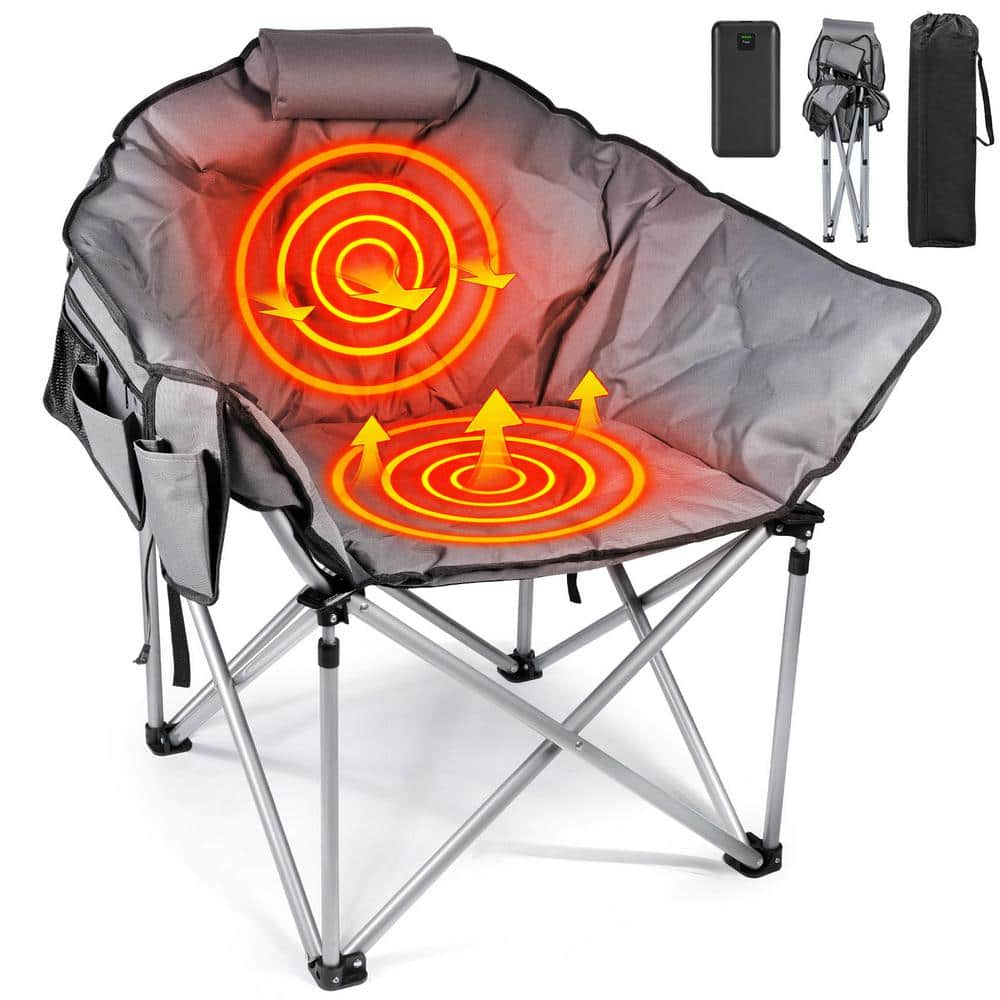 SEEUTEK Outdoor Oversized Foldable Heated Camping Grey Patio Chair with ...