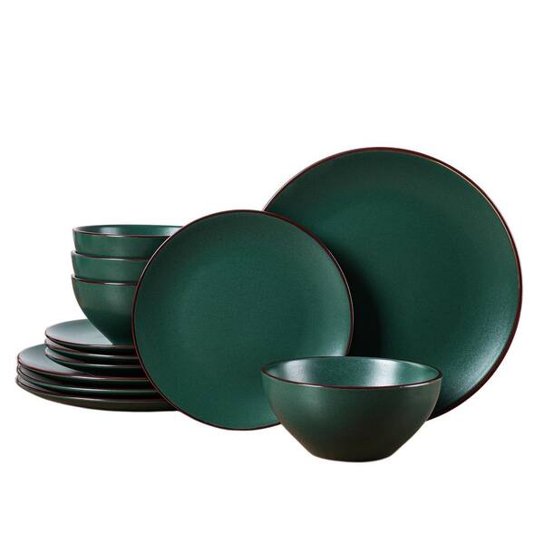 12-Piece Dark Green Speckled Stoneware Dinnerware Set (Service for 4), Microwave and Dishwasher Safe, Modern Minimalist