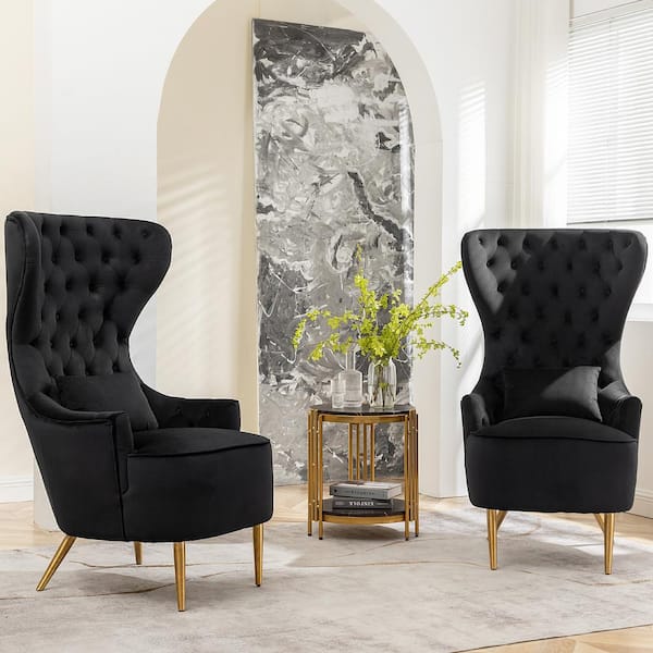 KINWELL Black Upholstered Tufted Velvet High Wingback Chair