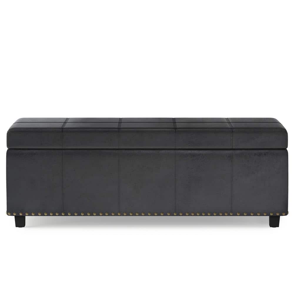 Transitional Distressed Black Tufted Large Storage Footstool