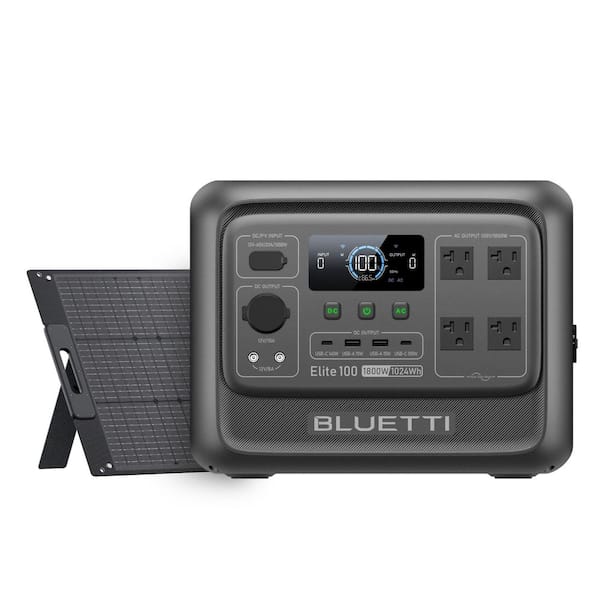 1800W Continuous/3600W Peak Output 1024Wh Push Button Start Portable Power Station with 100W Solar Panel