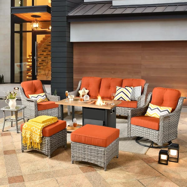 weaxty W Tulip B Gray 7-Piece Wicker Patio Storage Fire Pit Conversation Set with Swivel Rocking Chairs and Orange Red Cushions