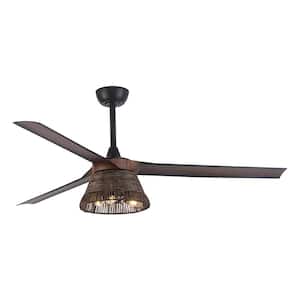 60 in. Natural Rattan 3-Blade Brown Ceiling Fan with Remote Control and Light Kit,DC Motor
