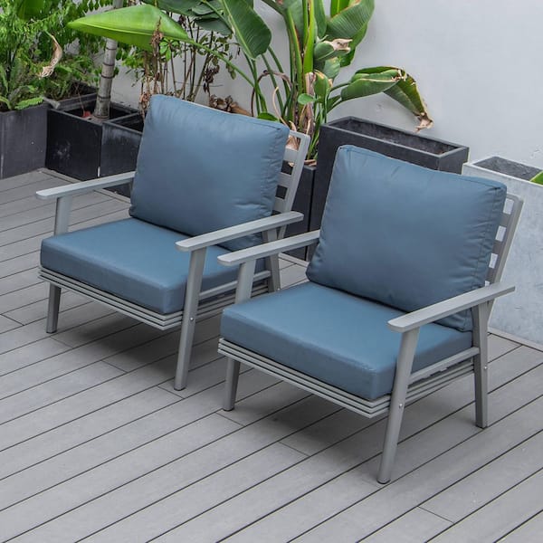 Leisuremod Walbrooke Modern Grey Outdoor Arm Chair with Powder Coated Aluminum Frame and Removable Cushions in Navy Blue Set of 2