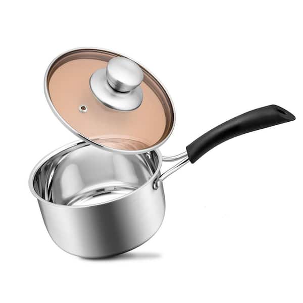 1 qt. 18/10 Stainless Steel Sauce Pans with Glass Lid, Extra Pan Wall and Heat-proof Bakelite Handle, Dishwasher Safe