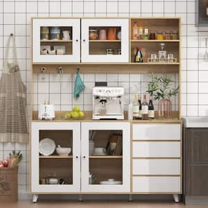 Light Brown Large Kitchen Pantry Cabinet Buffet with 4-Drawers, Hooks, Open Shelves and Glass Doors