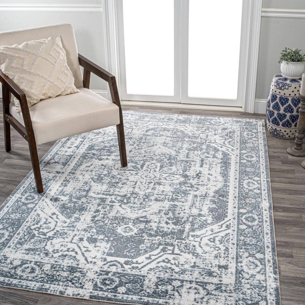 Keesha Blue and Cream Medallion Washable Area Rug 5'3" x 7'7"