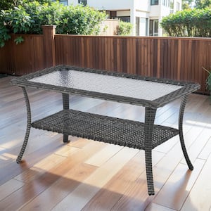 Gray Rectangle Wicker Outdoor Coffee Table with Tempered Glass Top and Storage Space