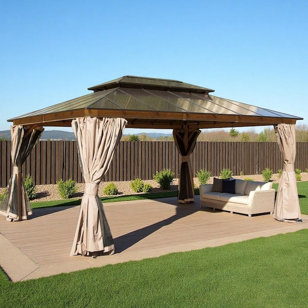 12 ft. x 16 ft. Wood Grain Aluminum Double Galvanized Steel Roof Gazebo with Ceiling Hook, Mosquito Netting and Curtains