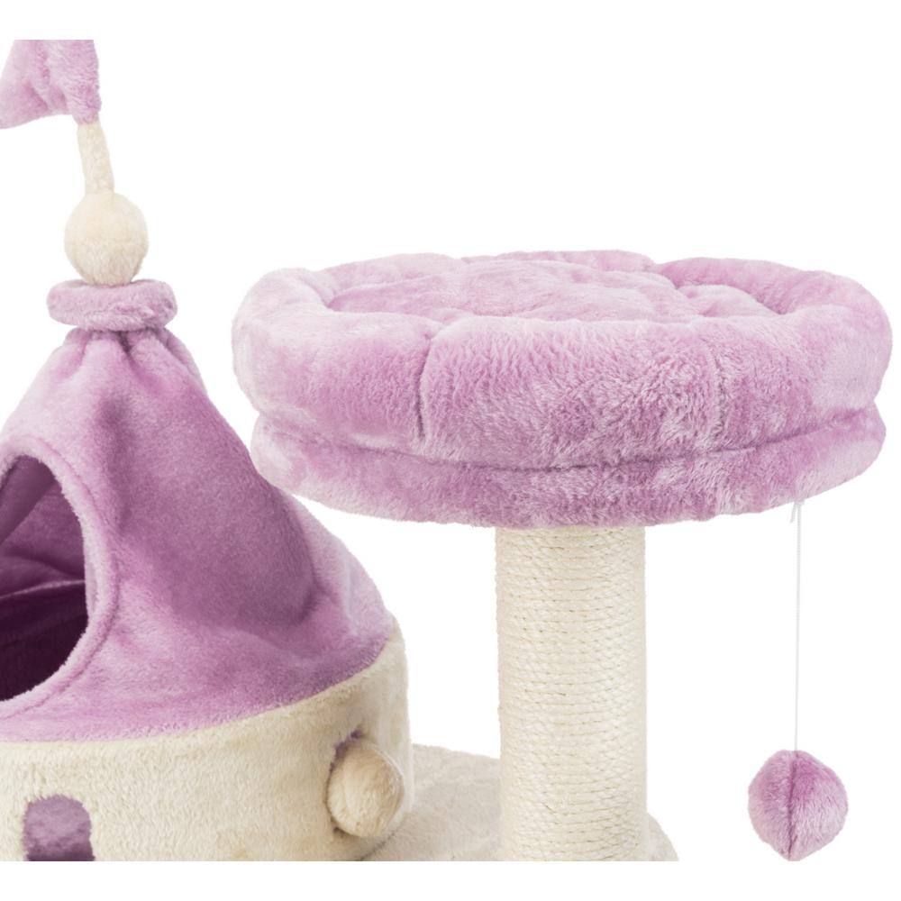 Beige and Lilac Plush Castle Cat Tree with Sisal Post