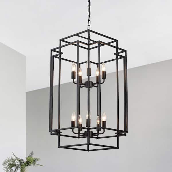 10-Light Black Farmhouse Chandelier with Metal Lantern Shade, Candlestick Chandeliers for Dining Room