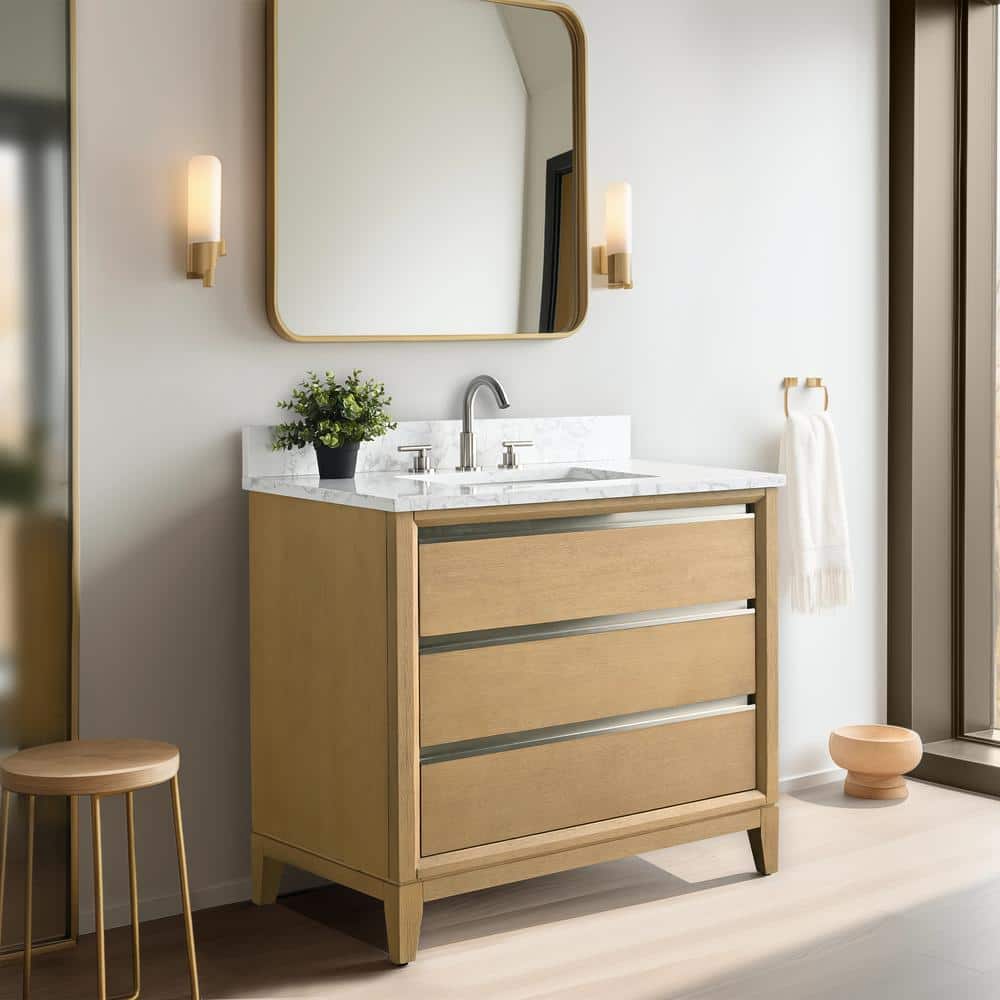 Natural Oak 36" Single Bathroom Vanity with Marble Top