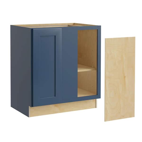 Home Decorators Collection Newport 30 in. W x 24 in. D x 34.5 in. H Assembled Plywood Blind Base Kitchen Cabinet in Mythic Blue with Soft Close RH