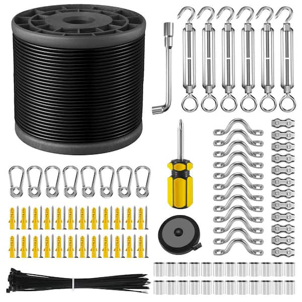 Angel Sar Black Stainless Steel String Light Hanging Kit with 250 ft. Cable Turnbuckle Twist Ties and More