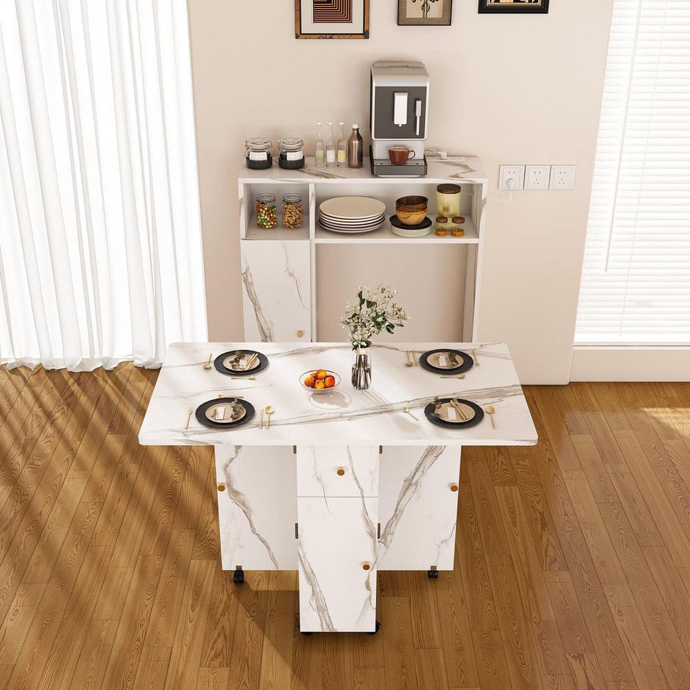 White Wood 37.4 in. Kitchen Island with Wall-Mounted Sideboard and