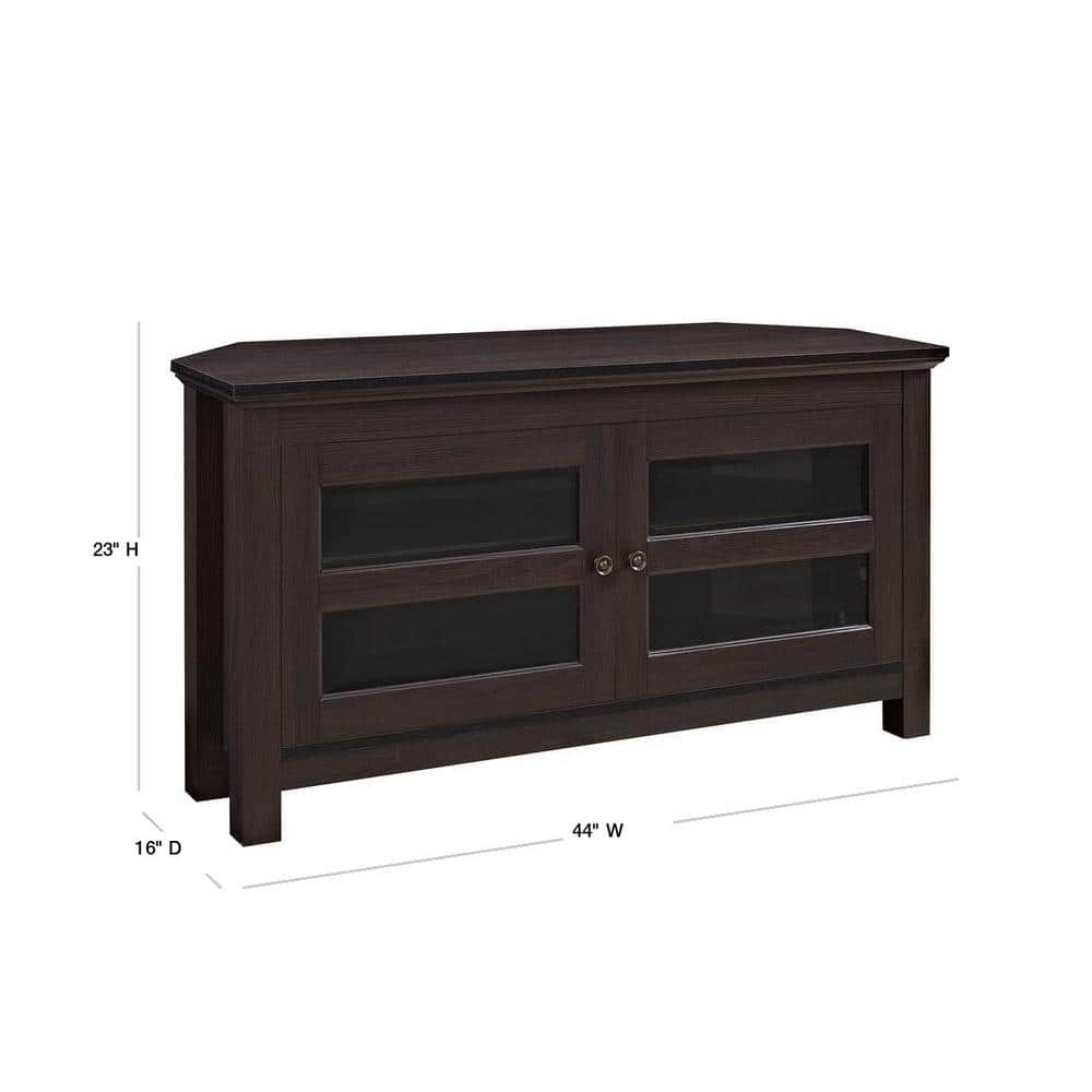 Espresso Corner TV Console with Cabinet and Glass Doors