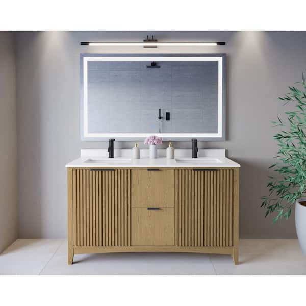 Palmilla 60 in. Double Freestanding Natural Oak Bath Vanity with White Quartz Top Assembled
