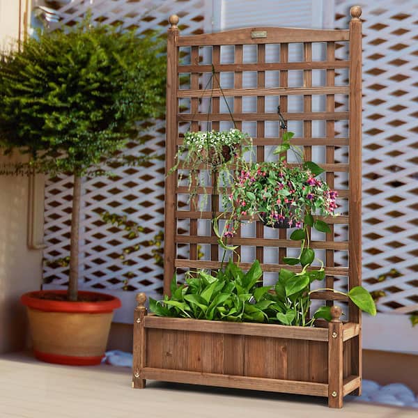 Brown Wood Individual Floor Planter Box, Outdoor Wooden Planter Box With Trellis