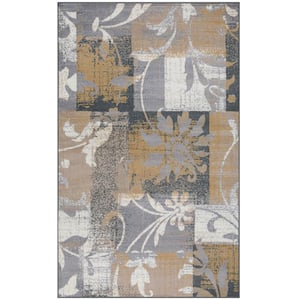 7 ft. x 9 ft. Beige and Gray Floral Power Loom Distressed Stain Resistant Area Rug