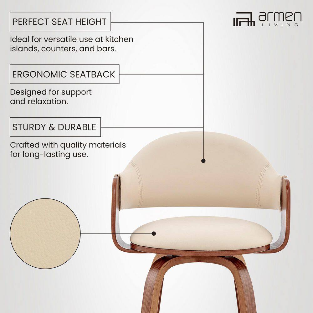 Daxton 26" Cream Faux Leather and Walnut Wood Swivel Bar Stool