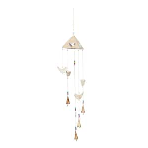 32 in. Gold Mango Wood Bird Indoor Outdoor Windchime with Glass Beads and Cone Bells