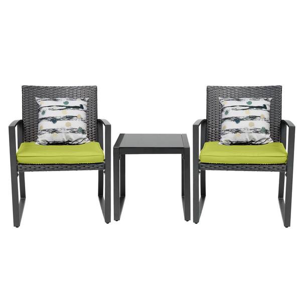 Pyramid Home Decor Lunar Outdoor 3-Piece Bistro Set Black Wicker Furniture-2 Chairs with Glass Coffee Table-Green
