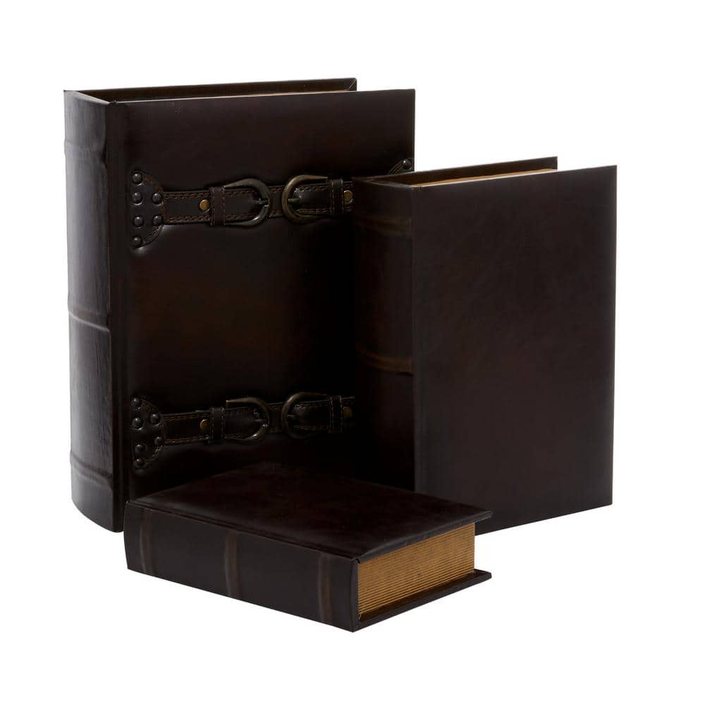 Dark Brown Faux Leather Book Shaped Decorative Storage Boxes, Set of 3