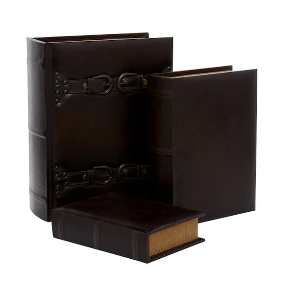 Litton Lane Rectangle Wood Faux Book Box with Faux Leather Detailing (Set of 3)