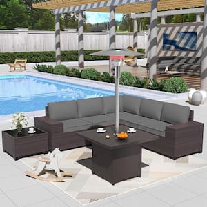 7-Piece Wicker Patio Conversation Set with 45000 BTU Patio Heater/Fire Pit Table, Glass Coffee Table and Gray Cushions