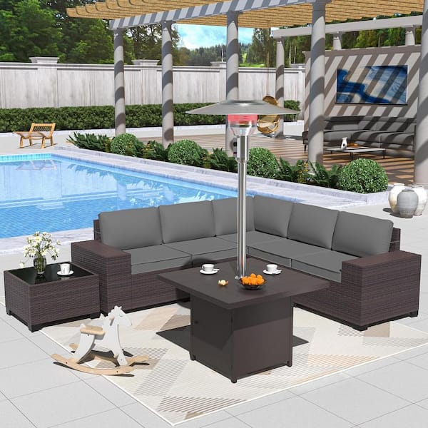 Halmuz 7-Piece Wicker Patio Conversation Set with 45000 BTU Patio Heater/Fire Pit Table, Glass Coffee Table and Gray Cushions
