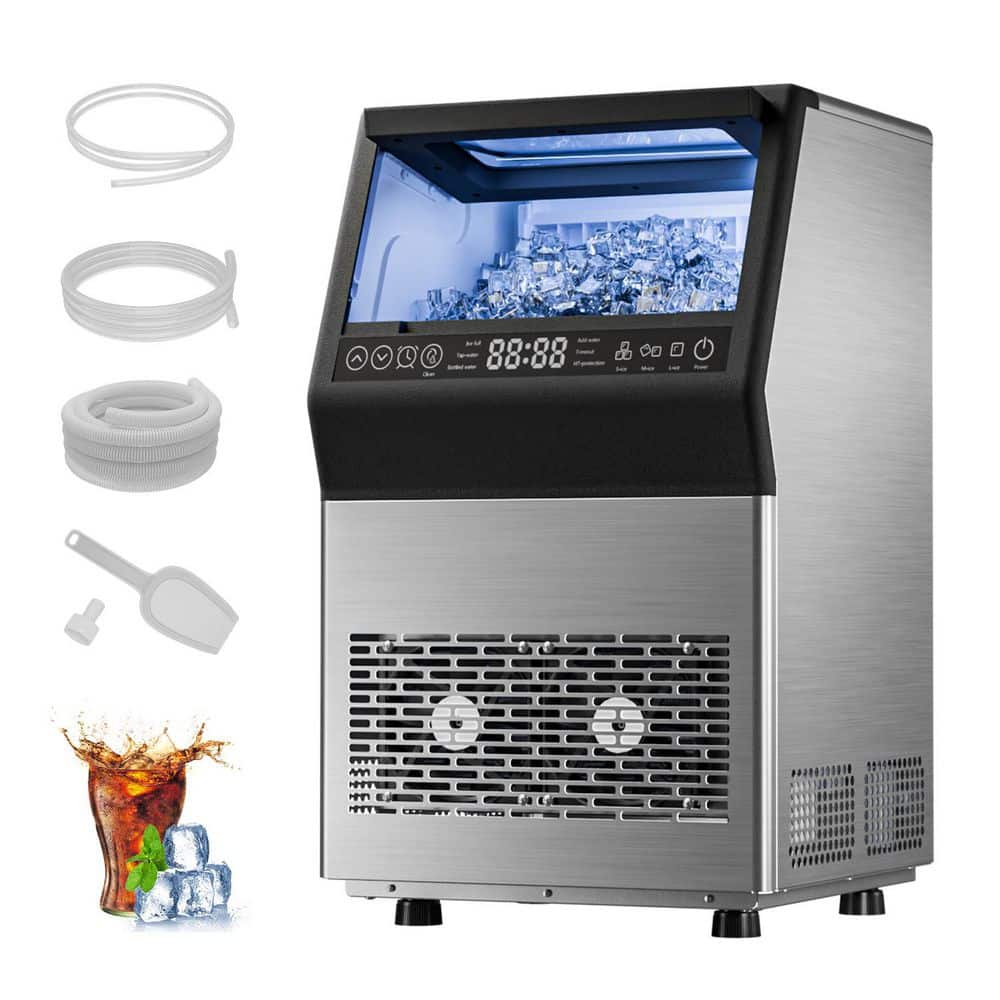 14.17 in. 80 lb./24H Full Size Cubes Freestanding Commercial Ice Maker in Stainless Steel with Dual Water Supply Options