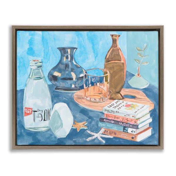 Stupell Industries Still Life with Book Stack by Melissa Wang Brown Floater Frame Typography Graphic Art Print 17 in. x 21 in.