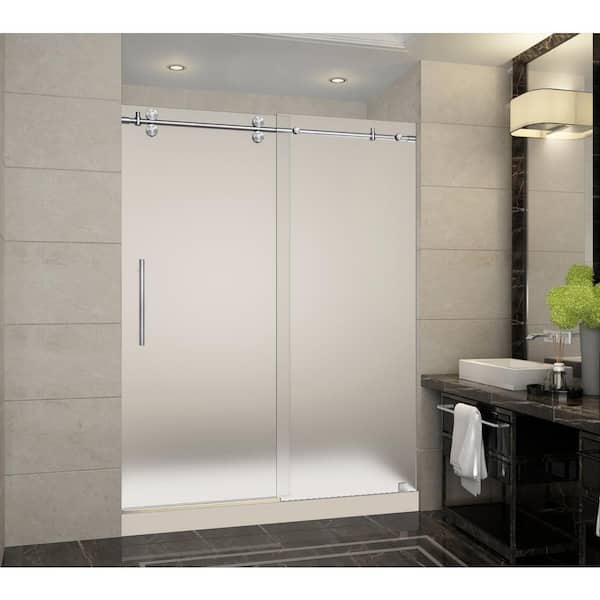 Aston Langham 60 in. x 32 in. x 77.5 in. Frameless Sliding Shower Door with Frosted in Stainless Steel with Left Base