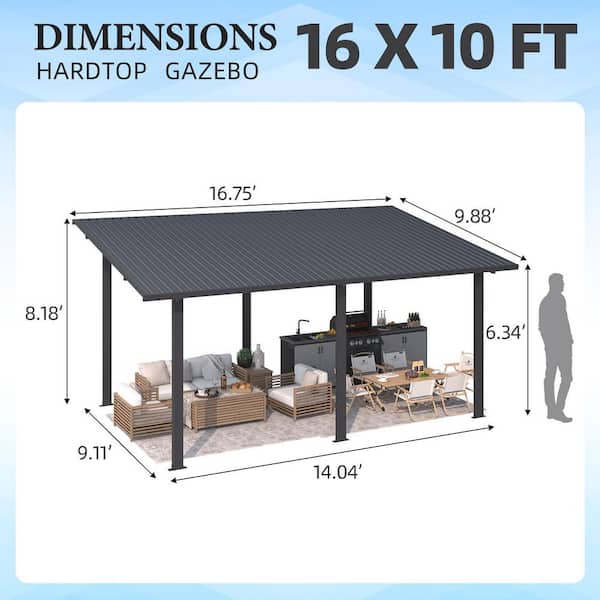 16 ft. x 10 ft. Outdoor Pergola Hardtop Gazebo, Wall-Mounted Heavy Duty Lean to Metal Patio Cover